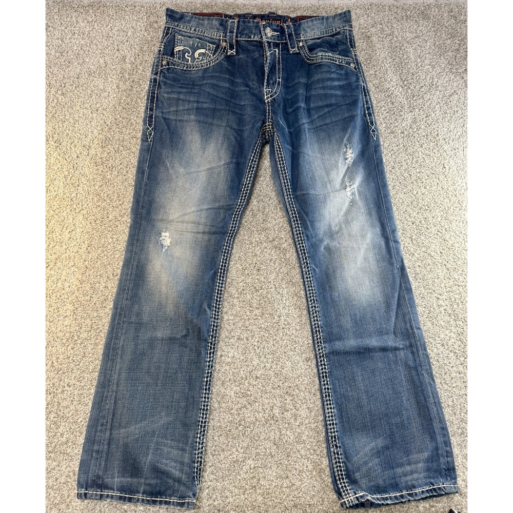Buckle Rock Revival Antonio Boot Distressed + Holes Jeans Sz 34 Mea 36x32 $179